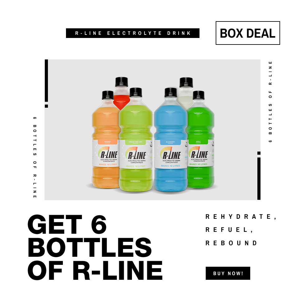 Six colorful R-Line electrolyte bottles arranged in a row, promotional layout with bold text 'GET 6 BOTTLES OF R-LINE' and a 'BOX DEAL' label in the design edge.