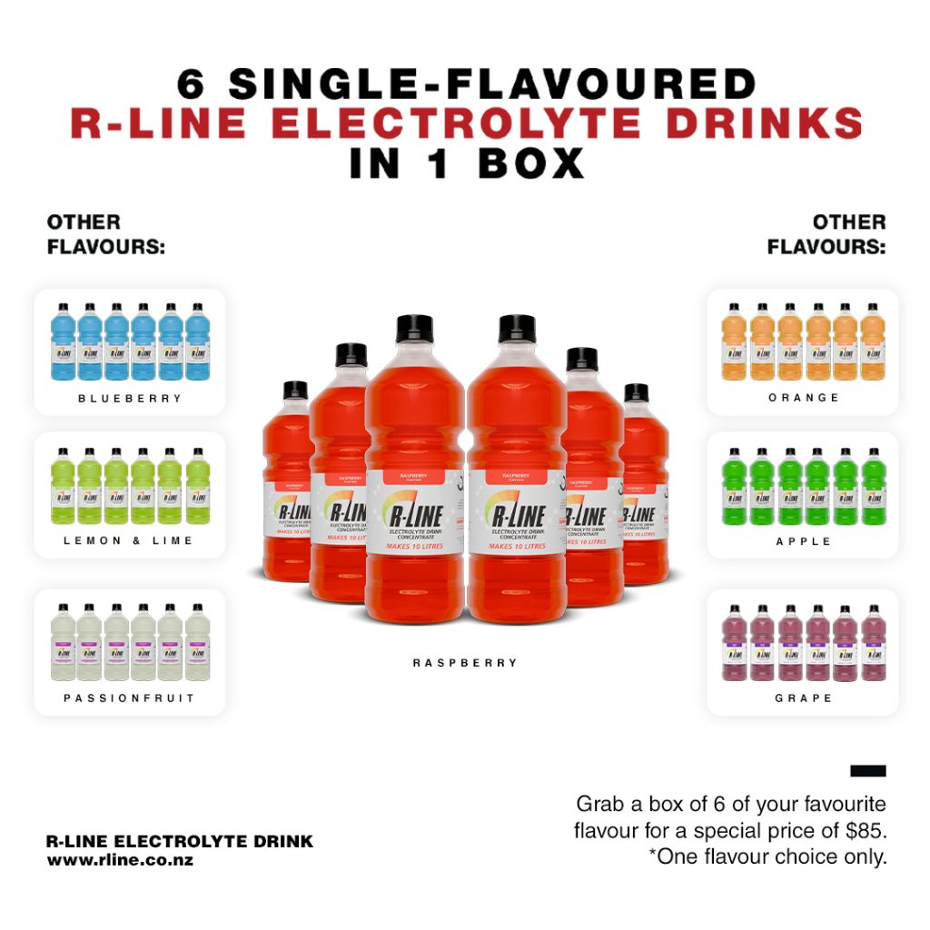 Six raspberry electrolyte drinks in a box at center, with flavor panels on the sides: Blueberry, Lemon & Lime, Passionfruit, Orange, Apple, and Grape.