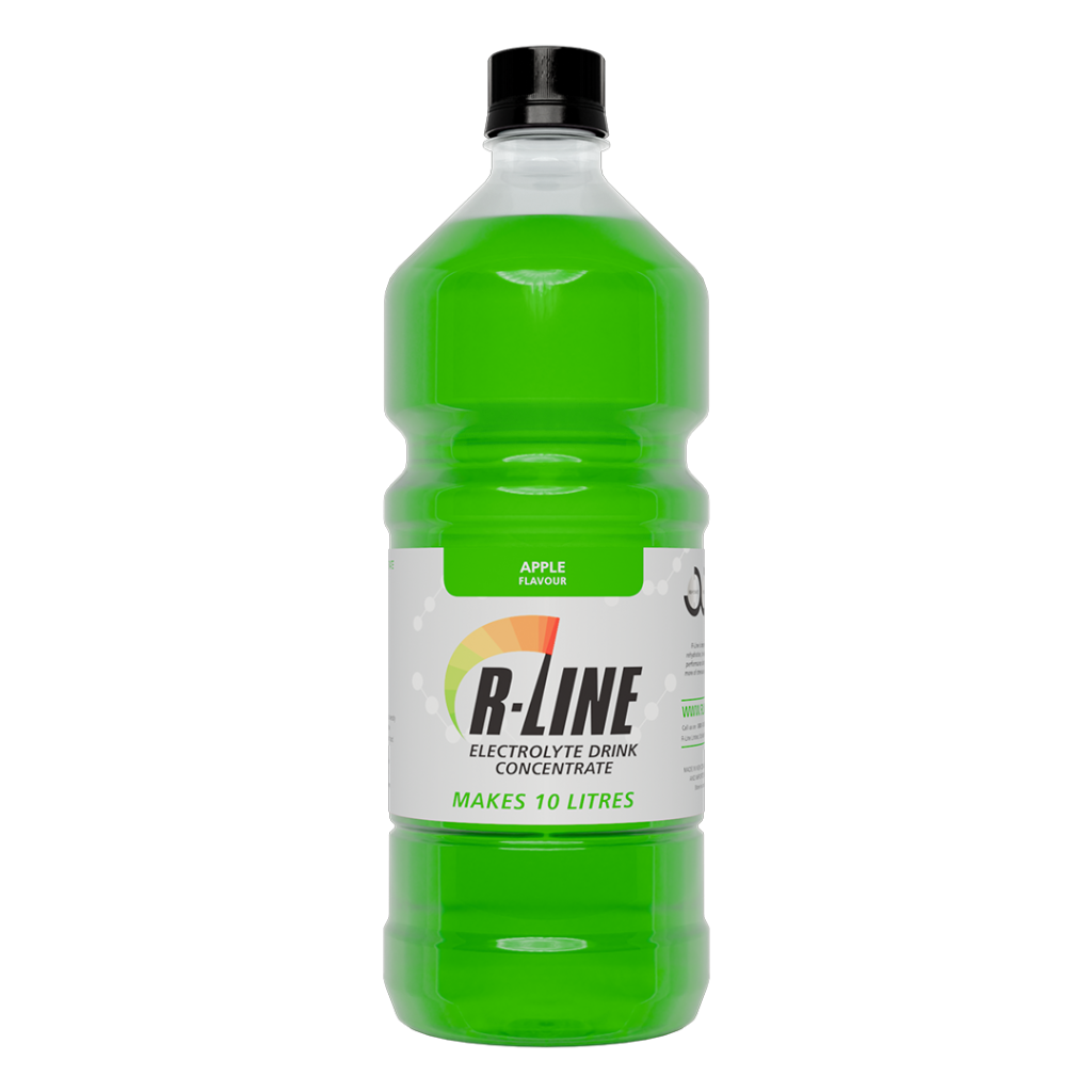 Green bottle of R-Line electrolyte drink concentrate, apple flavor; makes 10 litres.
