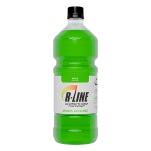 Green bottle of R-Line electrolyte drink concentrate, apple flavor; makes 10 litres.
