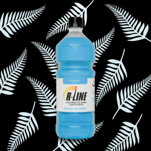 Blueberry-flavored R-Line electrolyte drink concentrate bottle against a black fern-patterned background.