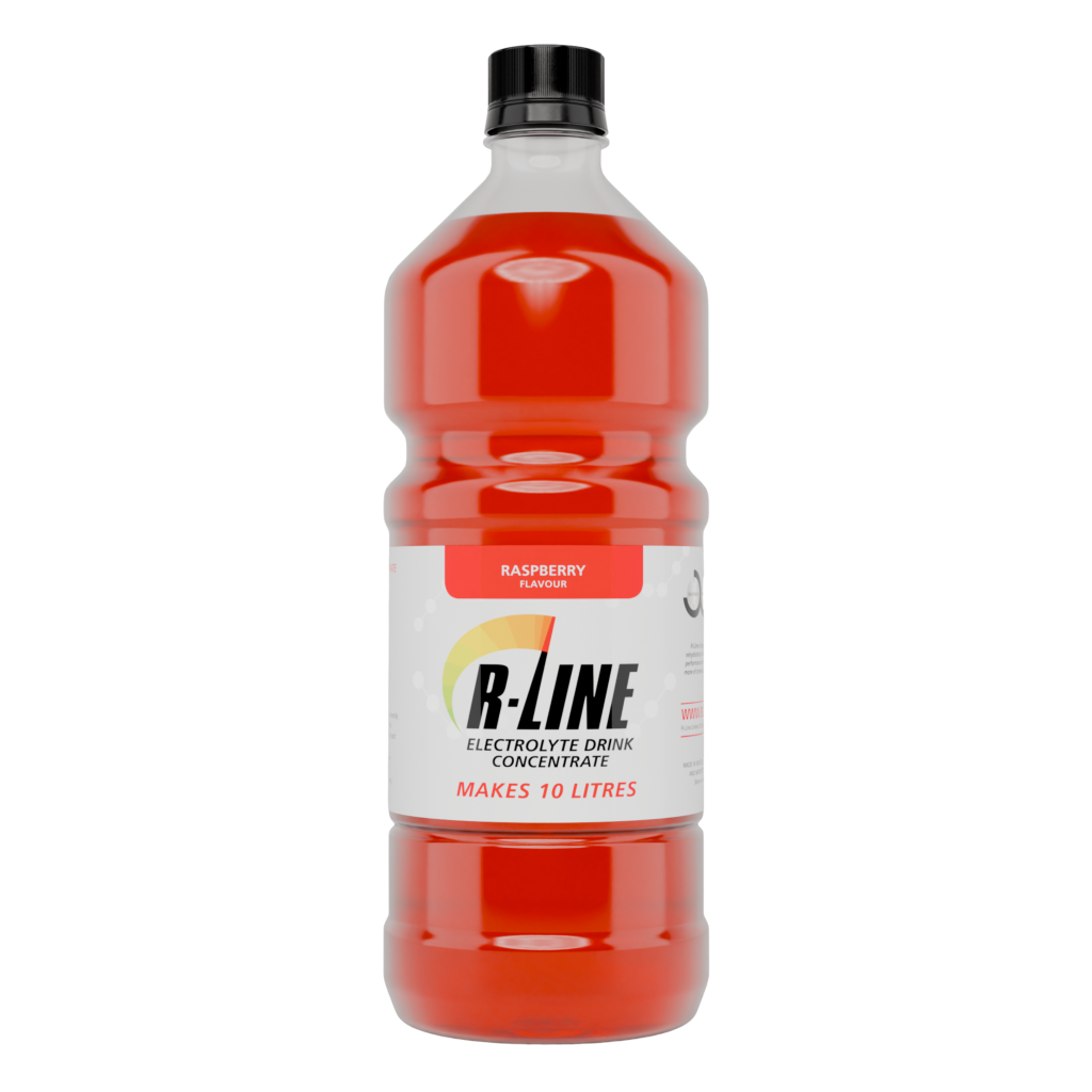 Front view of a raspberry-flavored electrolyte drink concentrate bottle (B-Line) with a black cap, red liquid visible, says 'Makes 10 Litres' on label.