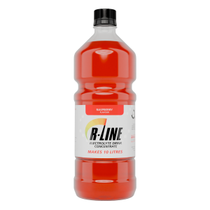 Front view of a raspberry-flavored electrolyte drink concentrate bottle (B-Line) with a black cap, red liquid visible, says 'Makes 10 Litres' on label.
