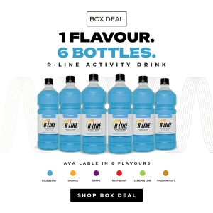 Box Deal: six blue R-Line activity drink bottles lined up with flavor dots below, Blueberry flavor highlighted; Shop Box Deal button below.