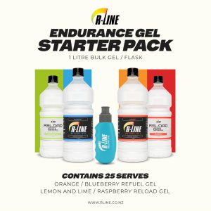 R-Line Endurance Gel Starter Pack showing four large bottles and a blue gel squeeze bottle in front of color blocks.