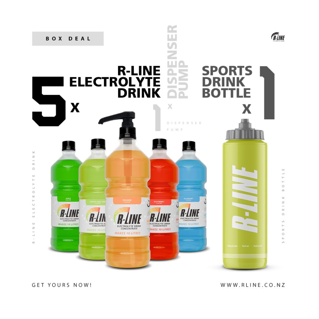 Colorful R-Line electrolyte drink bottles arranged in a row with a large lime-green sports bottle, advertisement branding visible; sports hydration products. Made for mix-and-match flavors.
