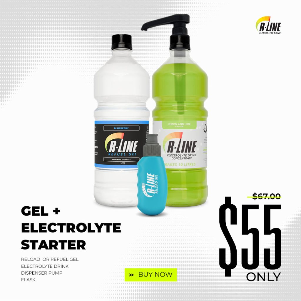 R-Line gel and electrolyte starter kit: white bottle, green electrolyte bottle with pump, and blue gel vial on a white background
