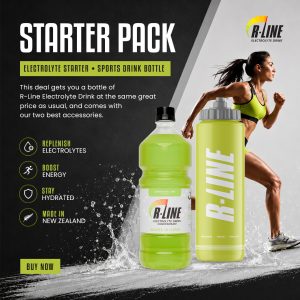Advertisement for R-Line Starter Pack featuring two lime-green electrolyte bottles, a running woman, and bold white text on a dark background highlighting features like replenish electrolytes, boost energy, stay hydrated, and made in New Zealand; includes a Buy Now label.