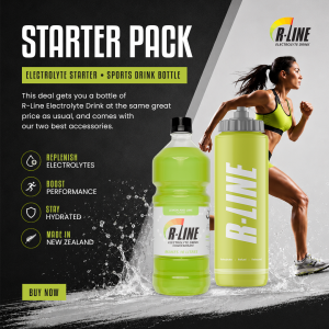 Bold ad for R-Line Starter Pack: lime-green electrolyte bottles, a running woman, and a 'Buy Now' button on a dark background.