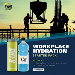 Silhouetted construction site with workers around a large water tank; R-LINE logo on left and 'WORKPLACE HYDRATION STARTER PACK' text in foreground.