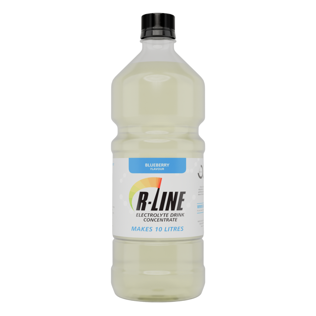 R-LINE electrolyte drink concentrate bottle with blue berry flavor, makes 10 litres (white bottle, black cap)