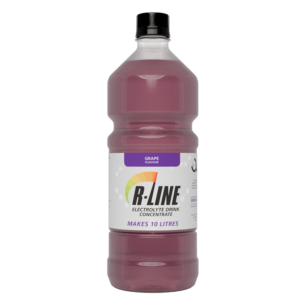 Grape-flavored electrolyte drink concentrate bottle labeled R-Line, makes 10 litres
