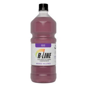 Grape-flavored electrolyte drink concentrate bottle labeled R-Line, makes 10 litres