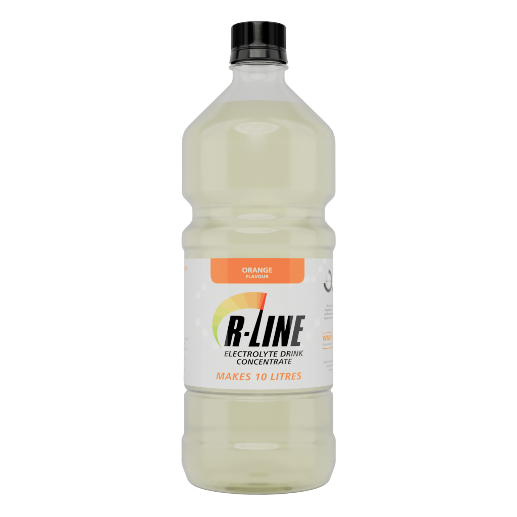 Plastic bottle of B-LINE electrolyte drink concentrate, orange flavor, makes 10 litres.