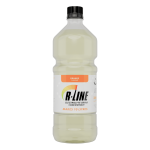 Plastic bottle of B-LINE electrolyte drink concentrate, orange flavor, makes 10 litres.
