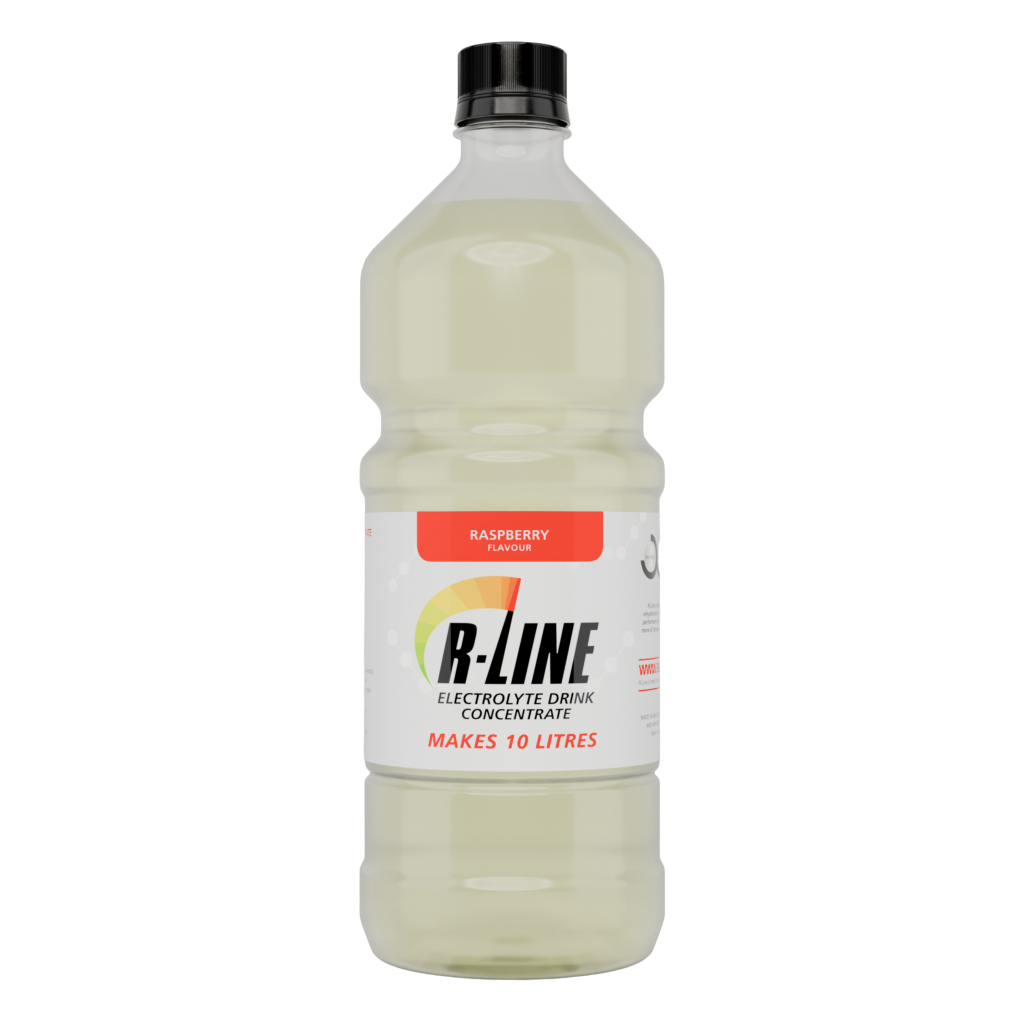 Raspberry-flavored electrolyte drink concentrate bottle labeled 'B-LINE' and note 'Makes 10 litres' on the label