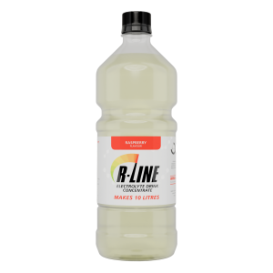 Raspberry-flavored electrolyte drink concentrate bottle labeled 'B-LINE' and note 'Makes 10 litres' on the label