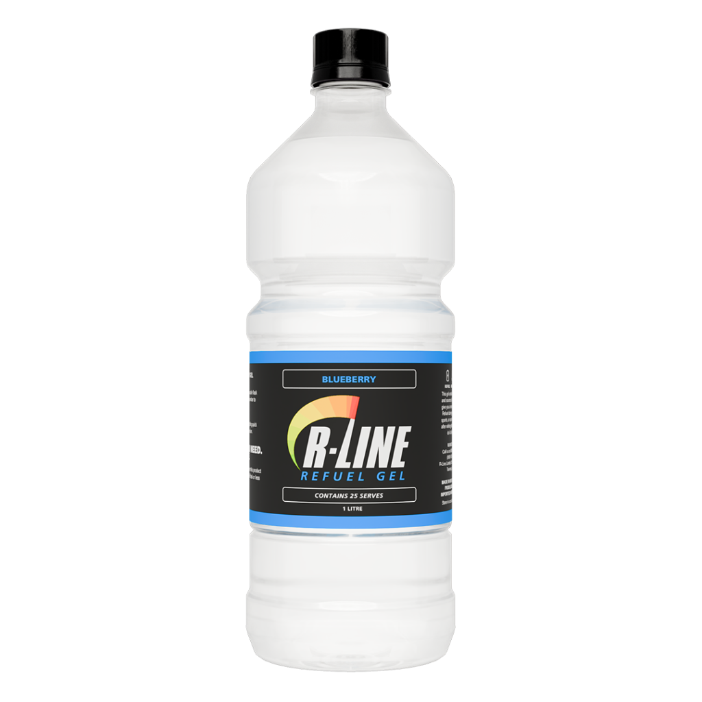 1 L bottle of R-Line Refuel Gel, blueberry flavor, white bottle with a black label and blue trim.