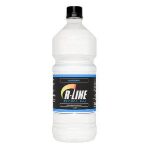 1 L bottle of R-Line Refuel Gel, blueberry flavor, white bottle with a black label and blue trim.