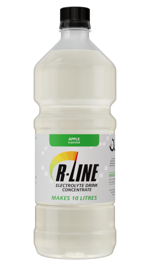 Bottle of R-LINE electrolyte drink concentrate, apple flavor; label says makes 10 litres, features green cap and white label against black background