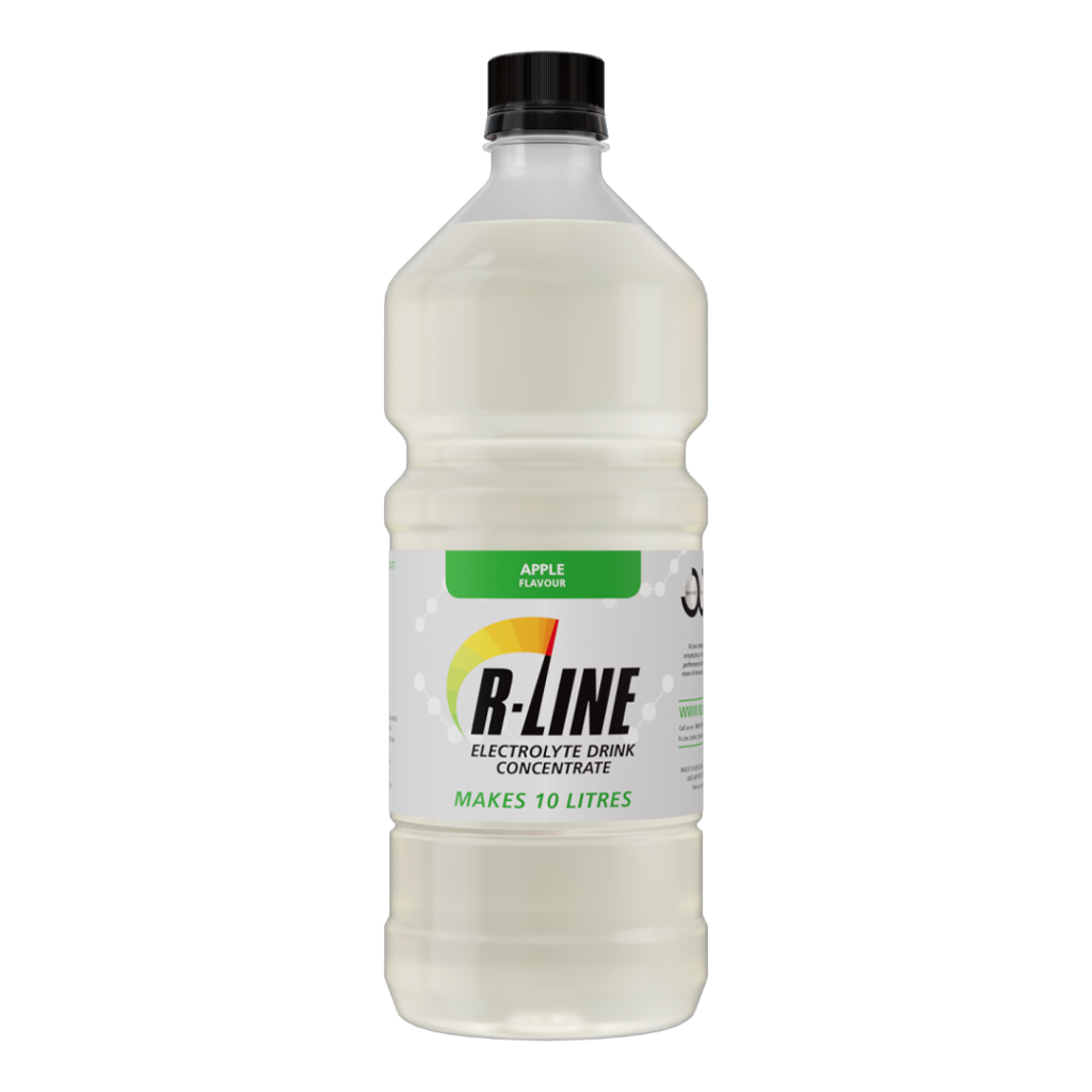 R-Line electrolyte drink concentrate bottle with green apple flavor, makes 10 litres.