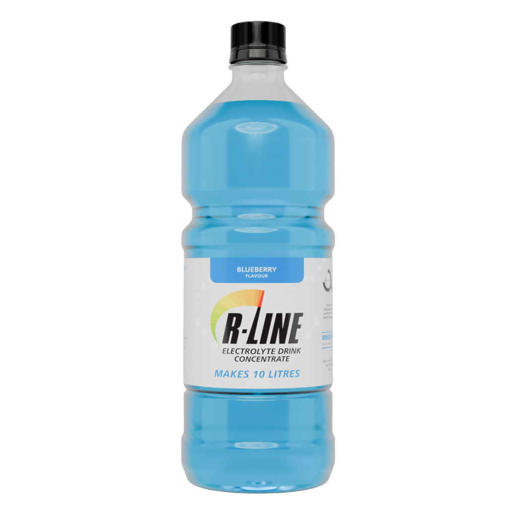 Blueberry-flavored R-Line electrolyte drink concentrate bottle with blue liquid, makes 10 litres.