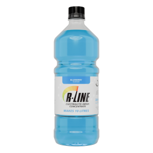 Blueberry-flavored R-Line electrolyte drink concentrate bottle with blue liquid, makes 10 litres.