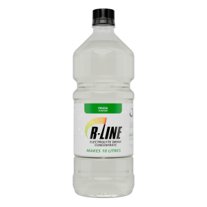 Bottle of R-LINE electrolyte drink concentrate (Feijoa flavor) labeled 'Makes 10 litres' on a white bottle with green accent.