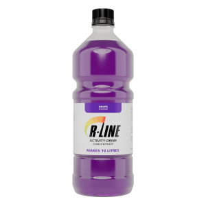 Purple grape-flavored R-Line activity drink concentrate bottle, labeled makes 10 litres.