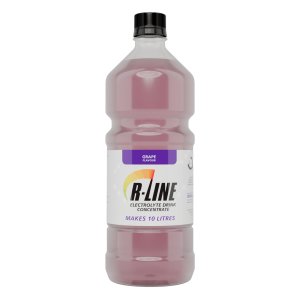 Bottle of B-LINE grape-flavored electrolyte drink concentrate, shows label 'Makes 10 litres' on white label with purple accent.