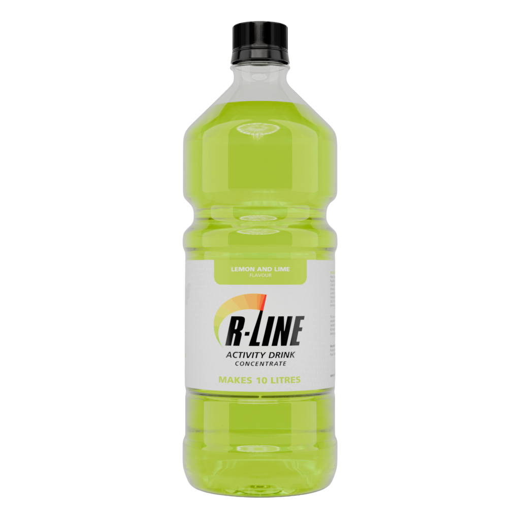 Bright lime-green plastic bottle of R-Line Activity Drink concentrate with a label reading 'Makes 10 litres' on a white background.
