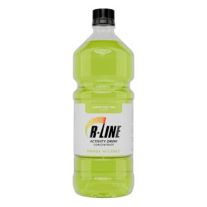 Bright lime-green plastic bottle of R-Line Activity Drink concentrate with a label reading 'Makes 10 litres' on a white background.