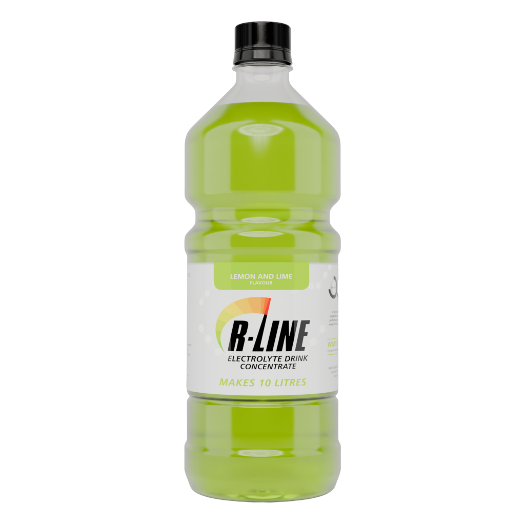 Lemon and lime flavored B-Line electrolyte drink concentrate bottle labeled makes 10 litres, green liquid inside.