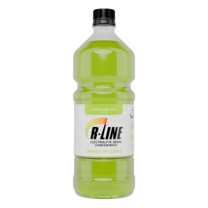 Lemon and lime flavored B-Line electrolyte drink concentrate bottle labeled makes 10 litres, green liquid inside.