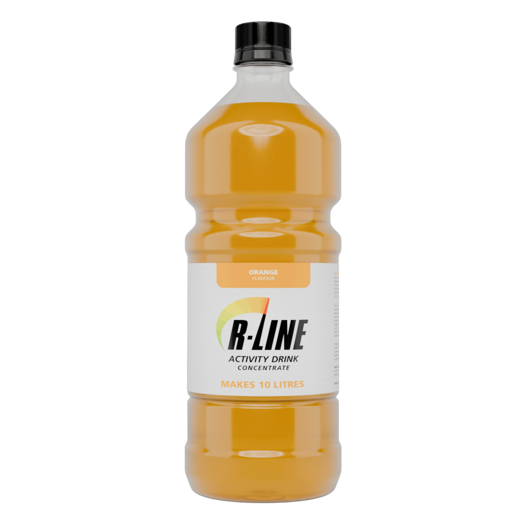 Bottle of orange-flavored R-Line activity drink concentrate, labeled makes 10 litres and cap on top.