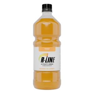 Bottle of orange-flavored R-Line activity drink concentrate, labeled makes 10 litres and cap on top.