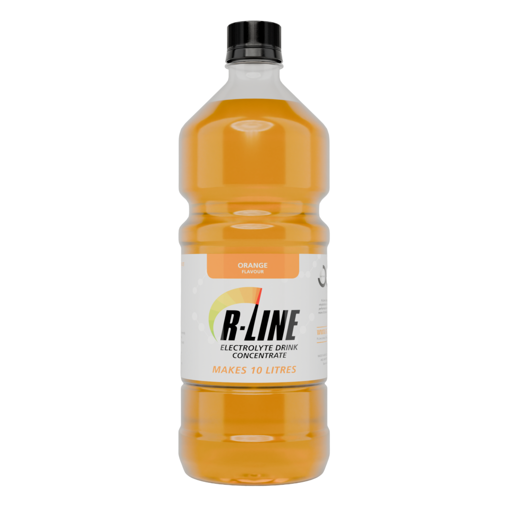 Bottle of B-LINE orange-flavour electrolyte drink concentrate that makes 10 litres