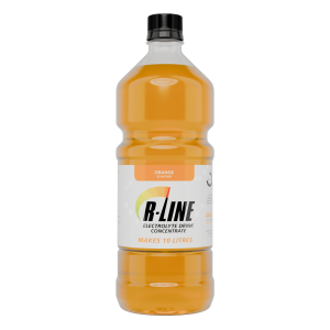 Bottle of B-LINE orange-flavour electrolyte drink concentrate that makes 10 litres