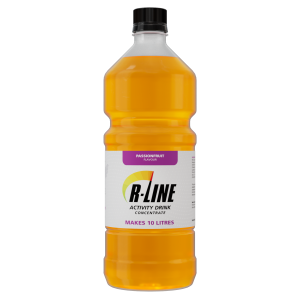 Orange bottle of R-LINE Activity Drink Concentrate with passionfruit flavor and black cap.