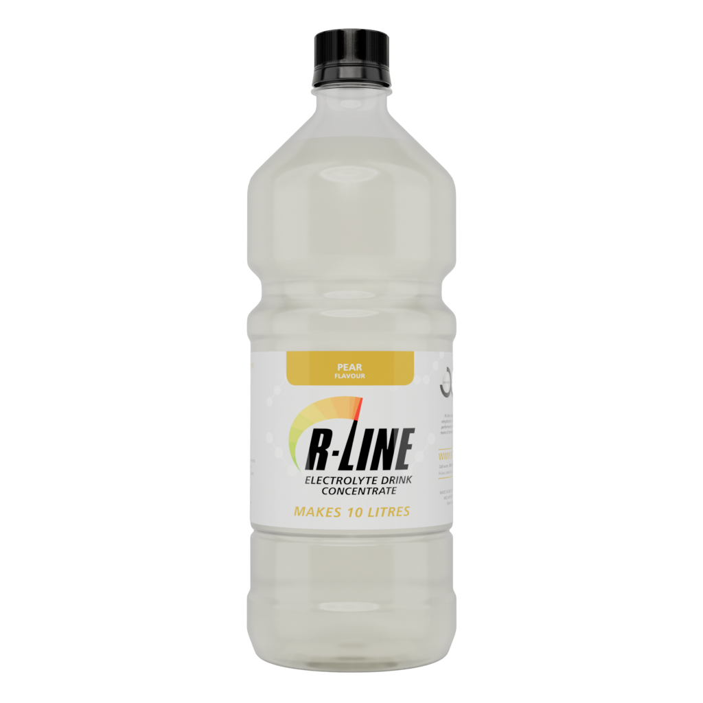 Pear-flavored electrolyte drink concentrate bottle labeled B-LINE, makes 10 litres, white plastic bottle with black cap