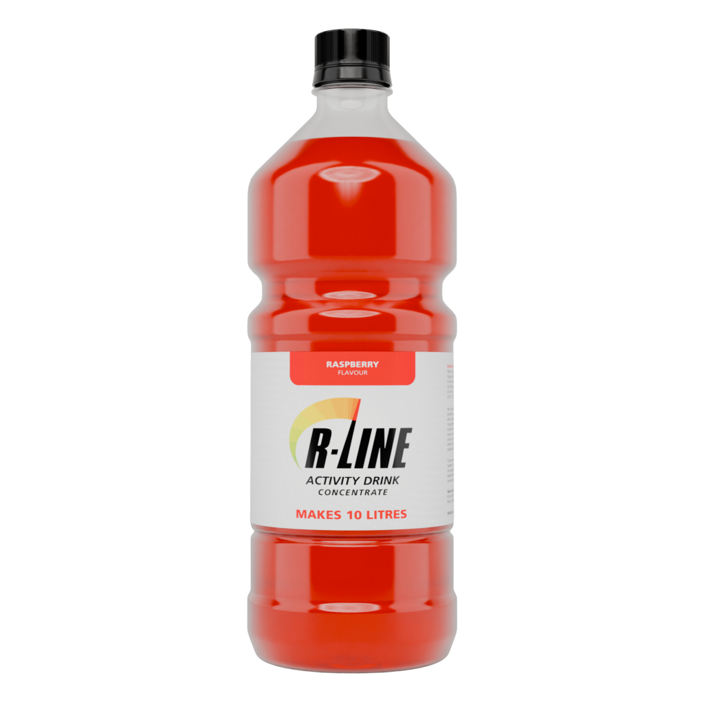 Red raspberry-flavored R-LINE activity drink concentrate bottle, labeled makes 10 litres.