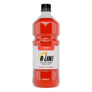 Red raspberry-flavored R-LINE activity drink concentrate bottle, labeled makes 10 litres.