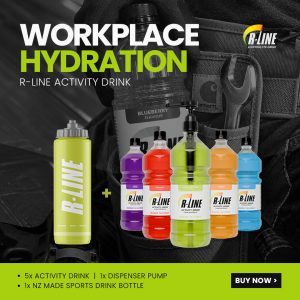 Promotional banner for Workplace Hydration: lime-green 'WORKPLACE HYDRATION' headline with a lime dispenser bottle and multiple colorful R-Line drink bottles against a dark backpack background.
