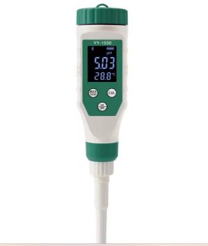 Handheld pH/temperature meter with green accents; digital display shows pH and temperature, connected to a probe.