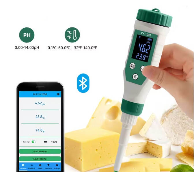 Handheld pH meter with a Bluetooth connection shown alongside a smartphone app, used to measure pH and temperature for cheese samples.