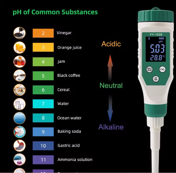 Infographic listing pH values of common substances with color-coded bars (acidic, neutral, alkaline) and a digital pH meter showing 5.03 pH and 28.0°C.