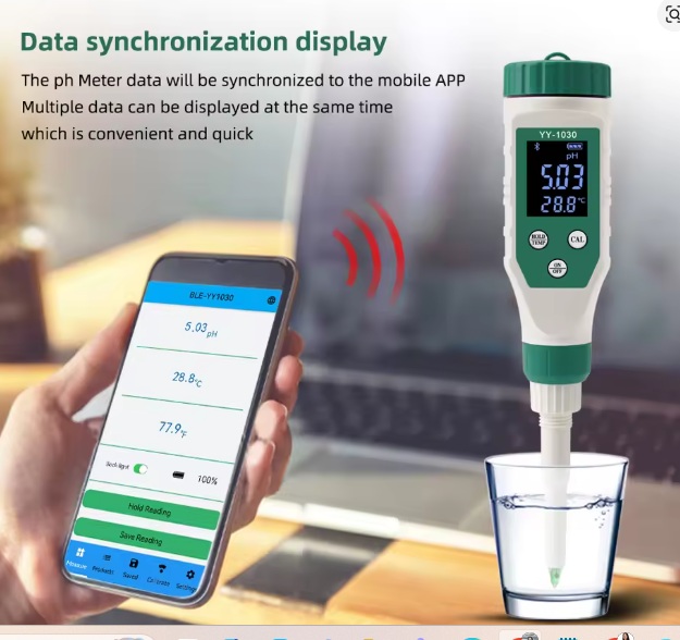 Ph meter syncing with a mobile app; smartphone screen shows pH and temp readings with a handheld device displaying data over Bluetooth.