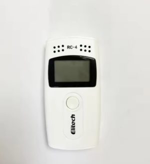 White handheld breathalyzer with LCD display and round button, branded Elitech RC-4, on a light background