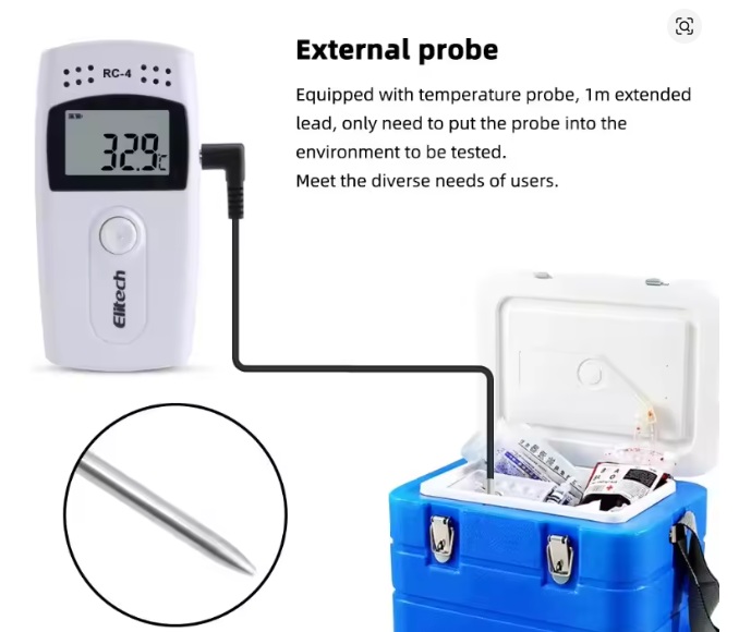 Portable thermometer with external temperature probe connected to a blue cooler; display shows 32.9°C, illustrating ambient temperature testing.
