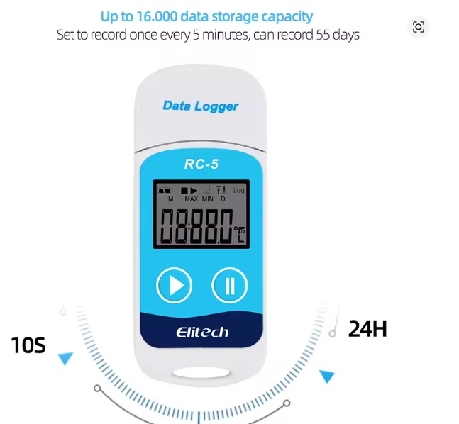 Elitech RC-5 data logger with blue display and play/pause buttons, labeled 'Data Logger' for recording temperature data